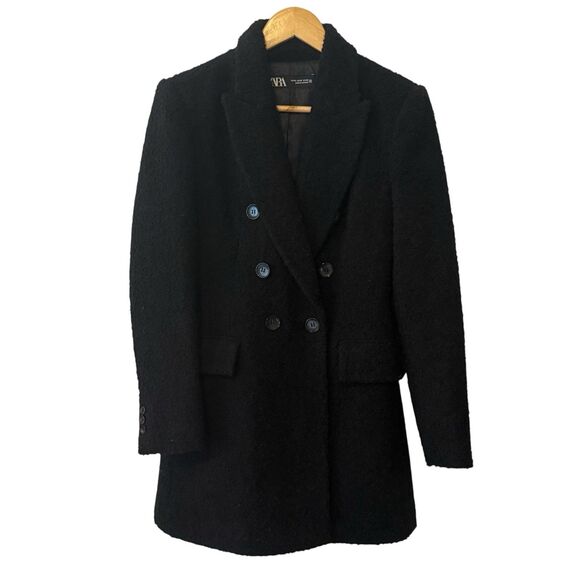 ZARA Women’s Black Bouclé Wool-Blend Double-Breasted Peacoat Jacket Coat Size M - Picture 1 of 12